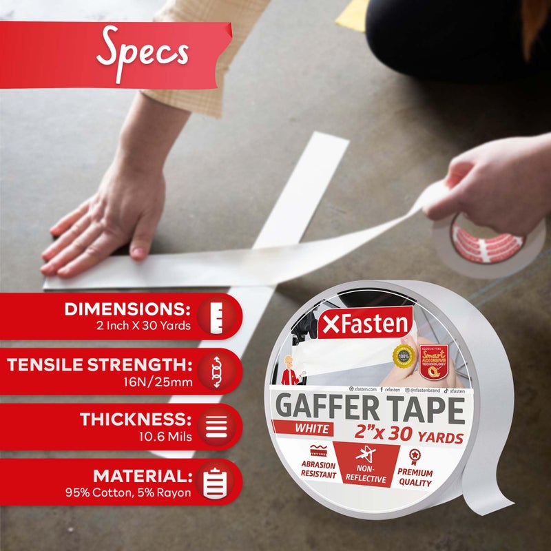 XFasten White Gaffers Tape 2 Inch x 30 Yards Residue-Free White Gaffer Tape 2 Inch Non-Reflective Matte Gaff Tape for Photography, Floor Marking, Wall Gaffing, Console Labels - Image 2